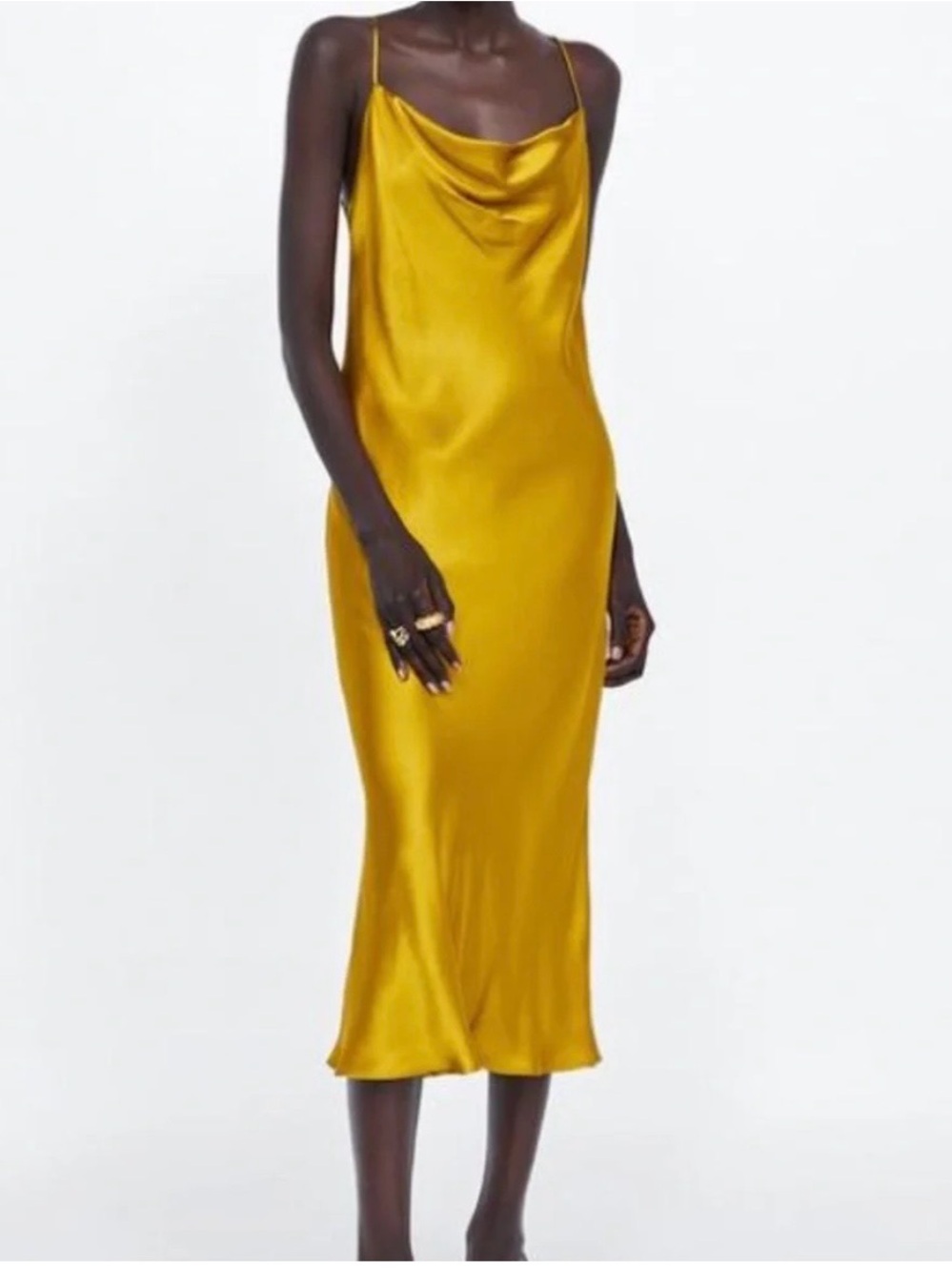 Zara Mustard Yellow Satin Slip Midi Dress
